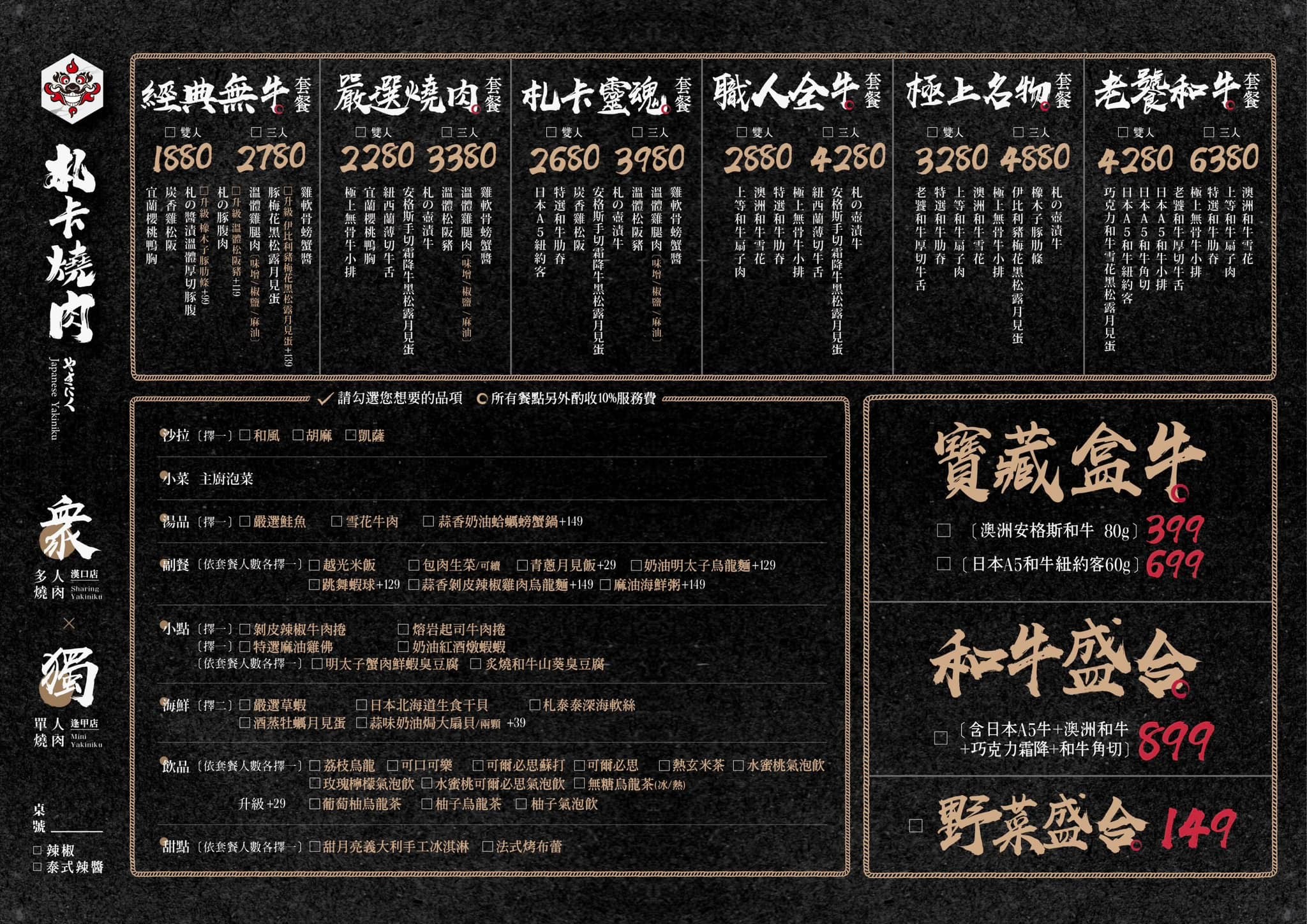 札卡燒肉 漢口店 菜單02 台中燒肉餐廳 壽星優惠 迴轉燒肉 雙人套餐 日本A5和牛 和牛臭豆腐