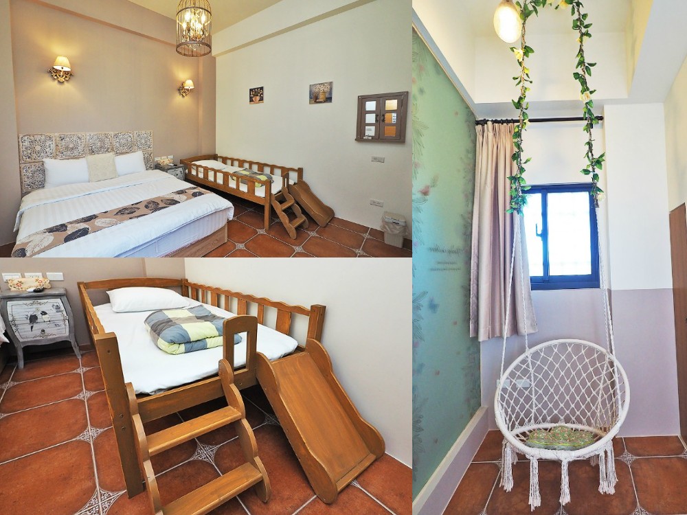 宜蘭住宿-斑鳩小鎮森活民宿 五結北歐風親子民宿 溜滑梯房型、電動車好放電