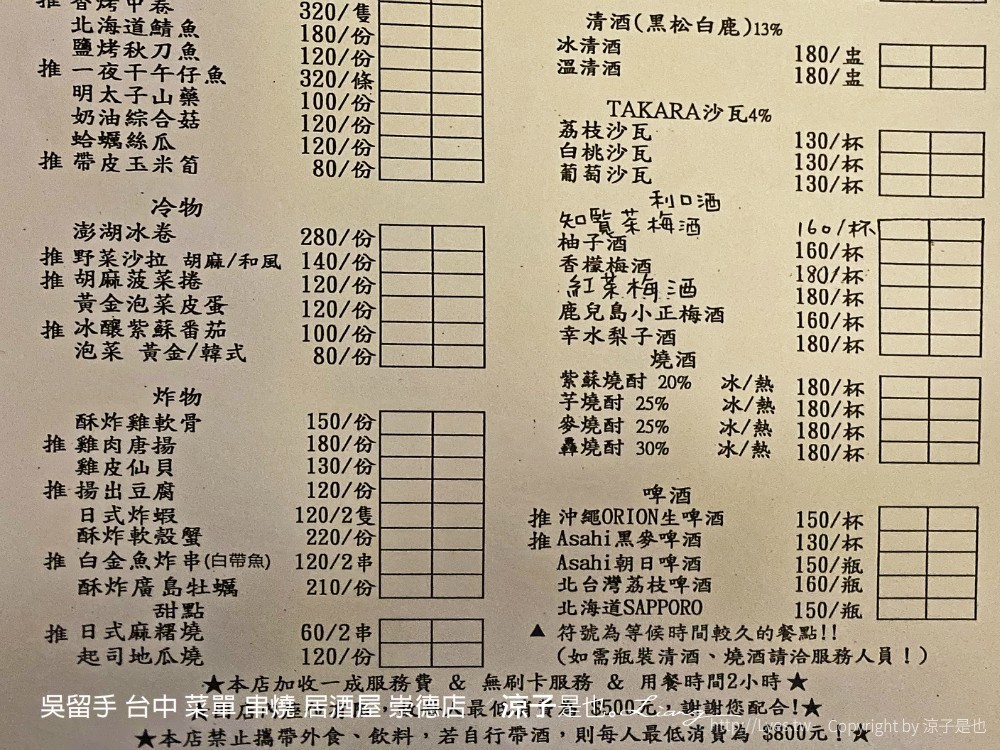 吳留手 台中 菜單 串燒 居酒屋 崇德店